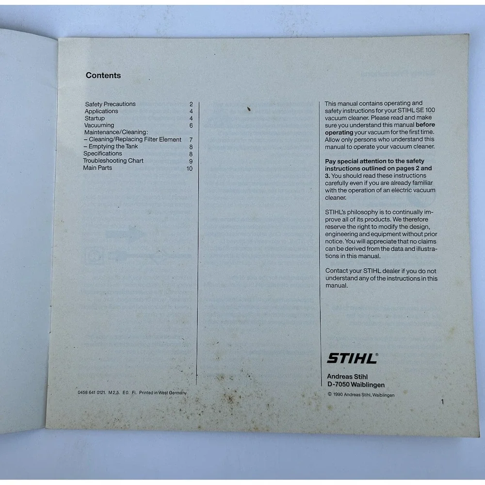 Stihl SE 100 Vacuum Cleaner Sweeper Shop Vac Instruction Owner's Operator Manual